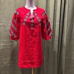 Galychanka Red Embroidered “ Vishivanka”Dress with Puff Sleeves, US0